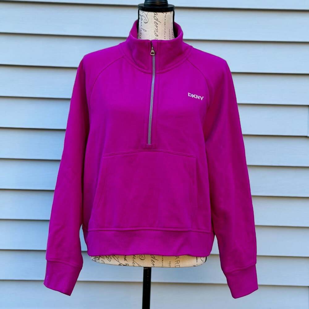 DKNY Sport Half Zip Sweatshirt Size L Magenta Rhinestone Logo Pullover